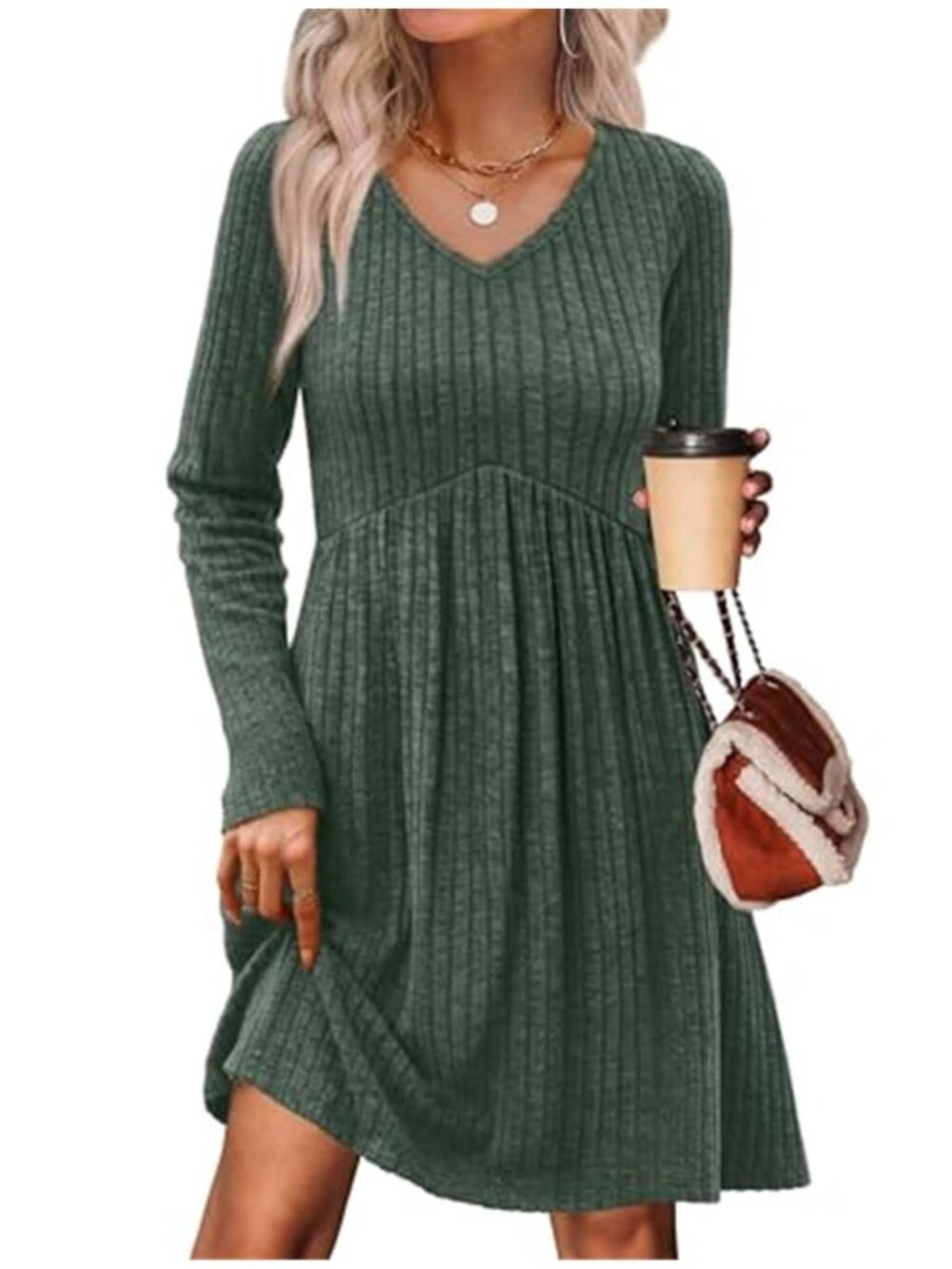 Women's Long Sleeve Sweater Dress V Neck Empire Waist Fall Dress
